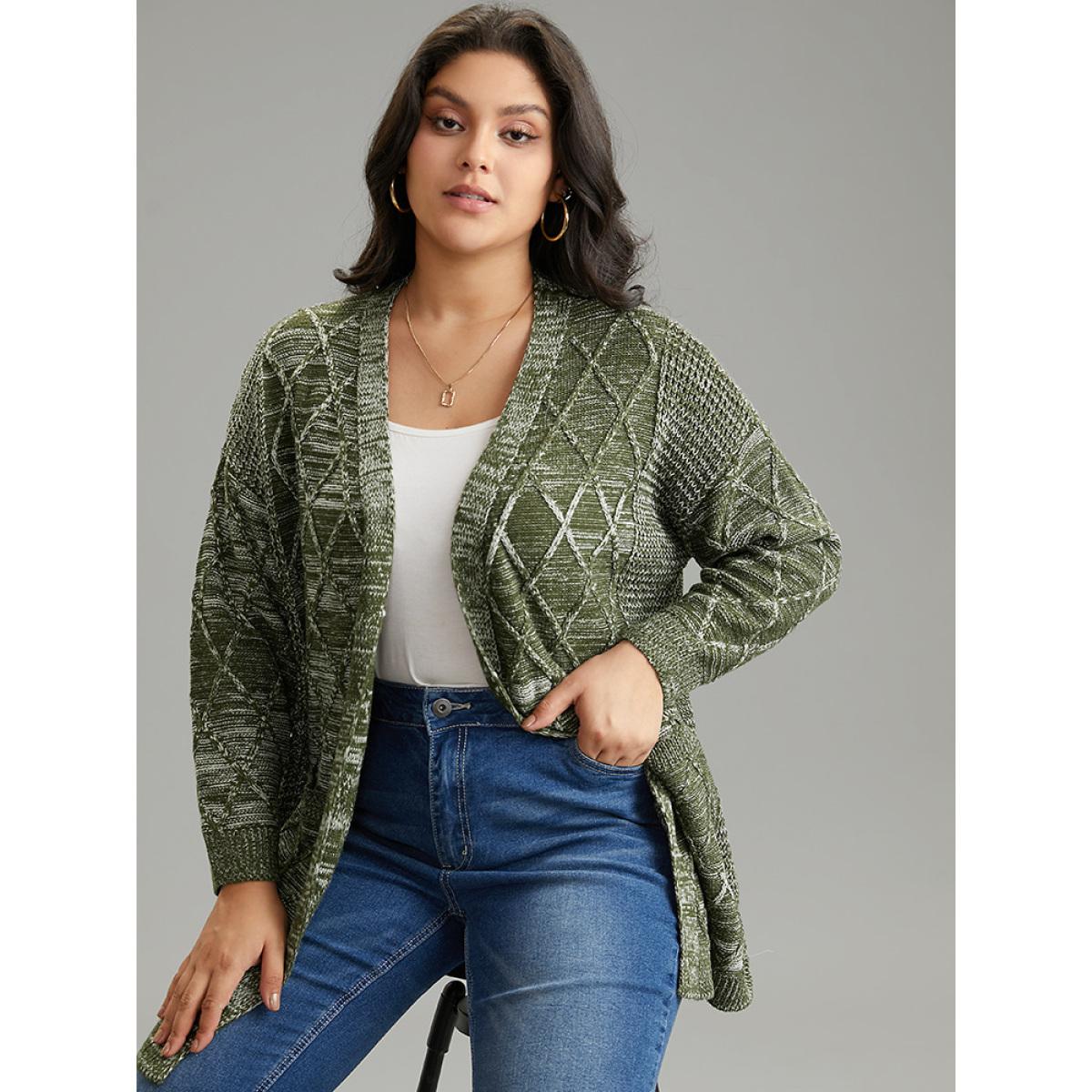 Plus Size Solid Heather Pocket Cable Knit Open Front Cardigan ArmyGreen Women Casual Loose Long Sleeve Dailywear Cardigans BloomChic 28/5X Product Image