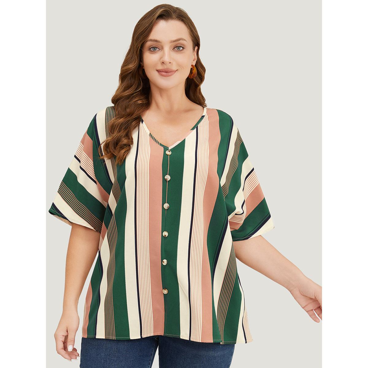 Plus Size Multicolor Striped Print Button Detail Batwing Sleeve Blouse Women Vacation Half Sleeve V-neck Dailywear Blouses BloomChic 10/M Product Image