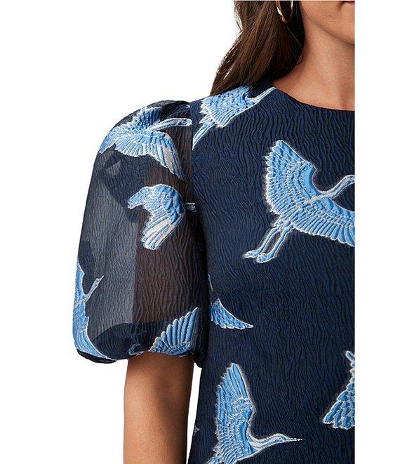 Trina Turk Ringo Fil Coupe Crane Print Round Neck Short Puff Sleeve Dress Product Image
