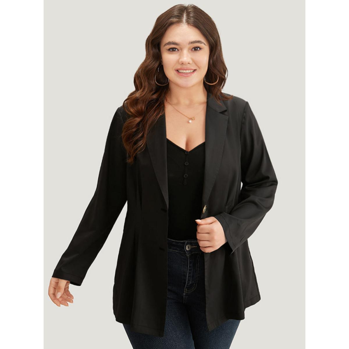 Plus Size Suit Collar Button Up Plicated Detail Blazer Black Women Dailywear Plain Plain Sleeve Long Sleeve Suit Collar 10/M Casual Blazers BloomChic Product Image