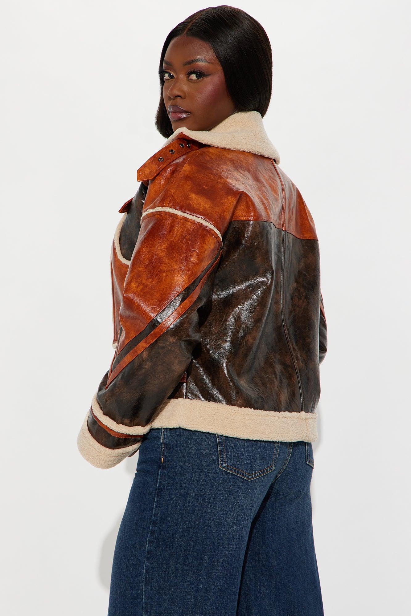 Jolene Washed Faux Leather Jacket - Brown/combo Product Image