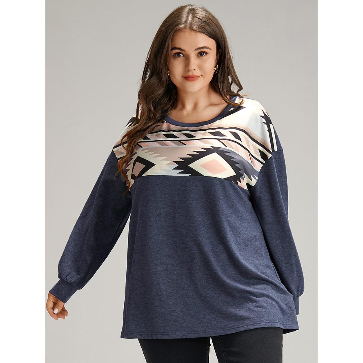 Plus Size Bandana Geometric Print Patchwork Crew Neck Sweatshirt Women Indigo Casual Elastic cuffs Round Neck Dailywear Sweatshirts BloomChic 22-24/3X Product Image