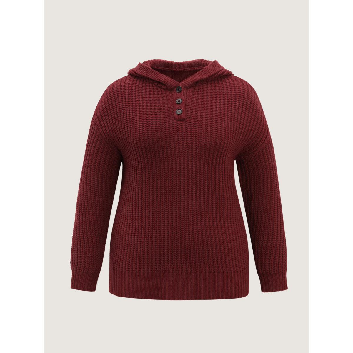 Plus Size Hooded Textured Half Placket Button Pullover Burgundy Women Playful Loose Long Sleeve Hooded Casual Pullovers BloomChic 22-24/3X Product Image