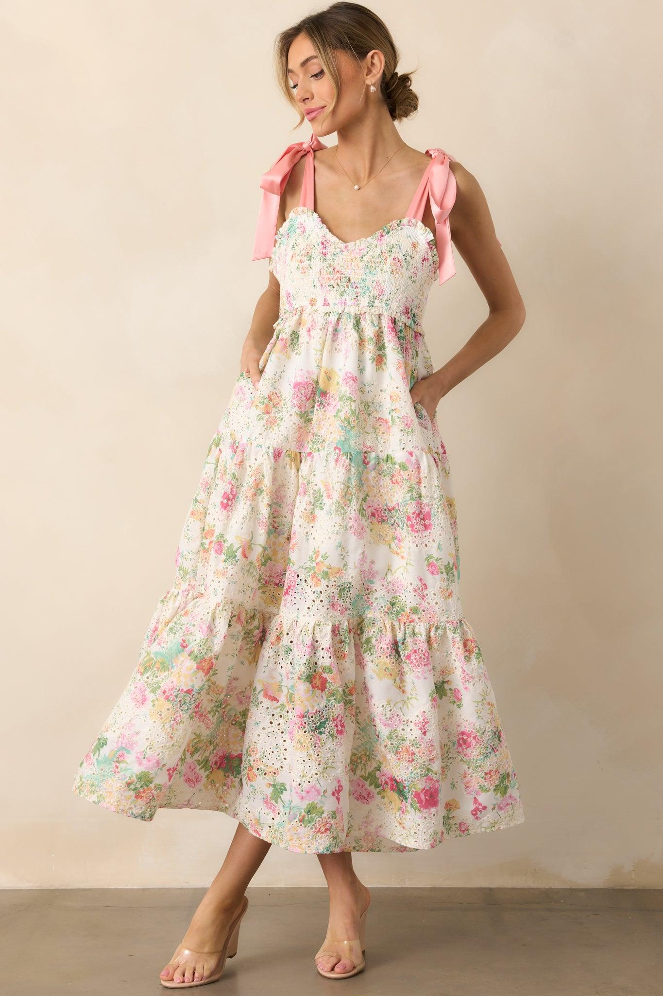 Invite Only Light Pink Multi Floral Embroidered Eyelet Midi Dress Product Image