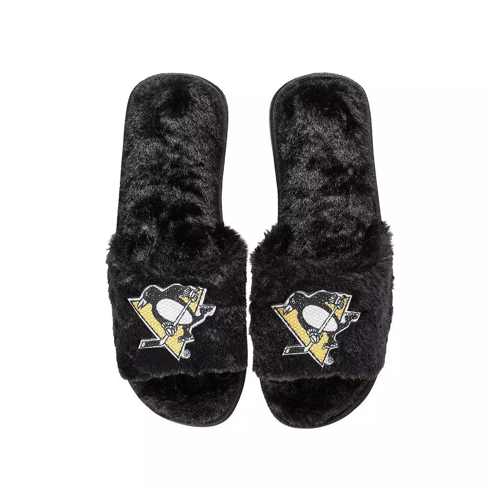 Women's FOCO Black Pittsburgh Penguins Rhinestone Fuzzy Slippers,  Product Image