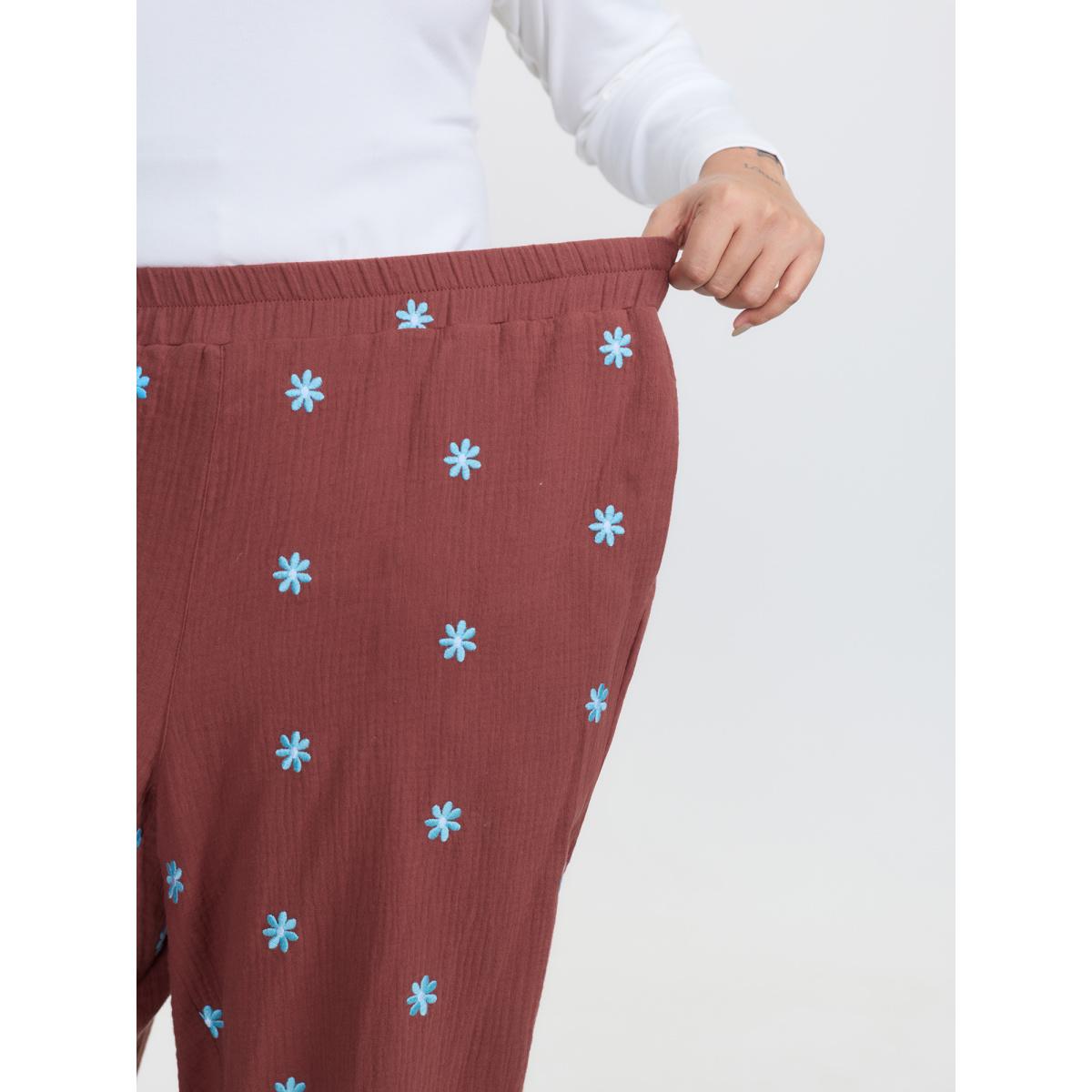 Plus Size Supersoft Floral Embroidered Pants Women Rust Playful Jogger Mid Rise Casual Pants BloomChic 26/4X Product Image