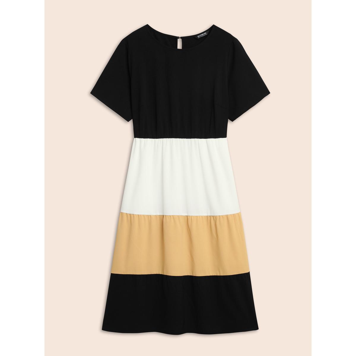 Plus Size Contrast Belted Pocket Layered Hem Dolman Sleeve Dress Black Women Elegant Belted Round Neck Cap Sleeve Curvy Midi Dress BloomChic 10/M Product Image