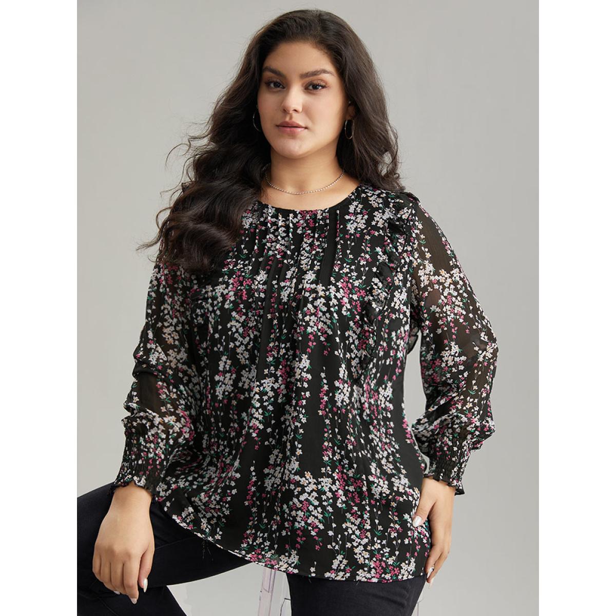 Plus Size Black Ditsy Floral Chiffon Ruffles Shirred Pleated Mesh Blouse Women Elegant Long Sleeve Round Neck Dailywear Blouses BloomChic 14-16/1X Product Image