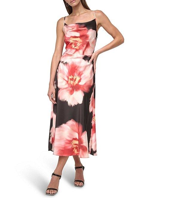 DKNY by Donna Karan Woven Floral Print Cowl Neck Sleeveless Fit and Flare Midi Dress Product Image