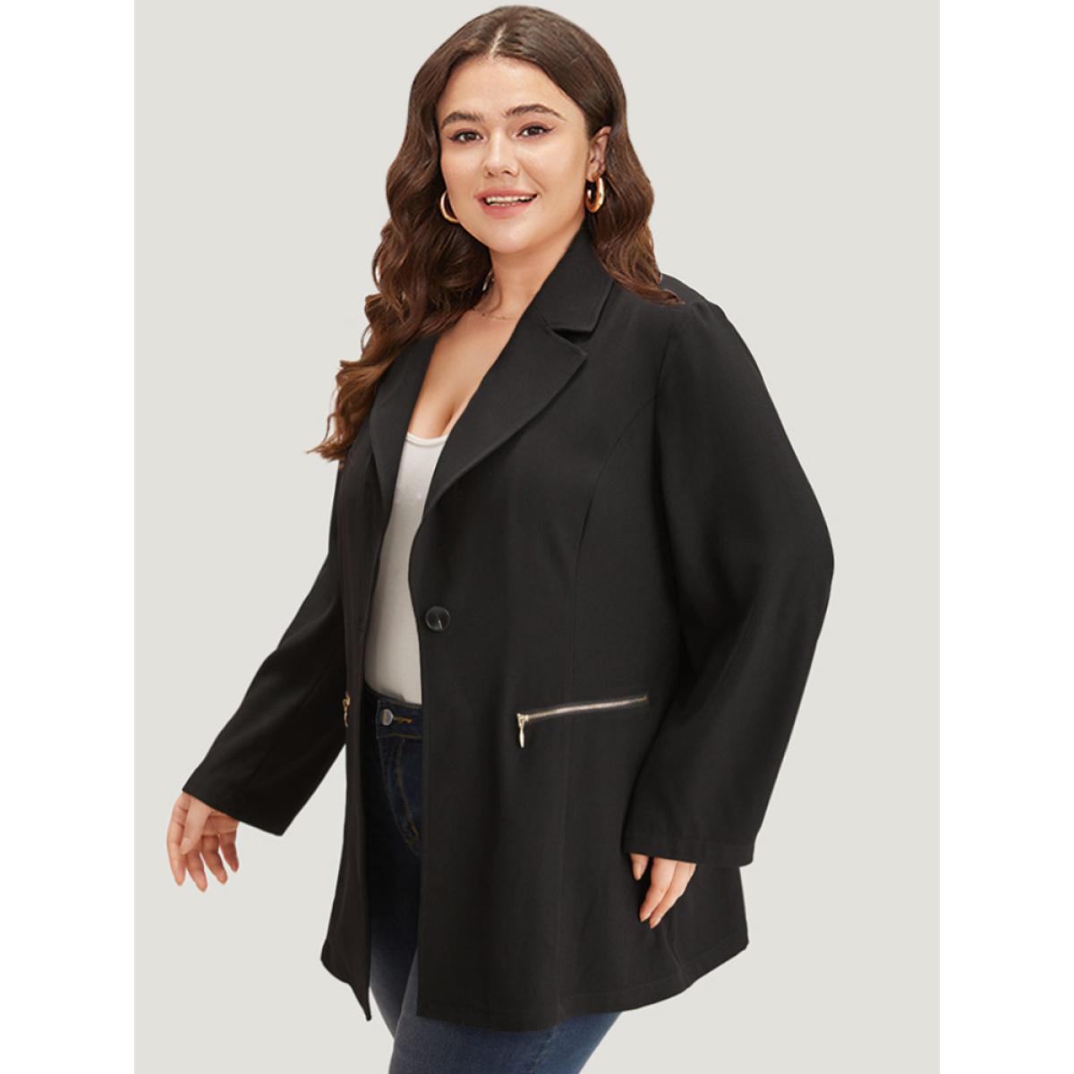 Plus Size Lapel Collar Zipper Button Up Blazer Black Women Office Plain Plain Sleeve Long Sleeve Lapel Collar 14-16/1X Pocket Office Blazers BloomChic Product Image