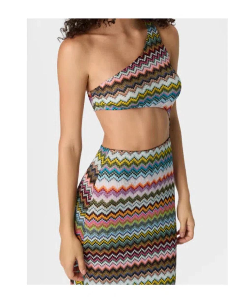 MISSONI One Shoulder Knit Dress Zigzag Detail In Multi Product Image