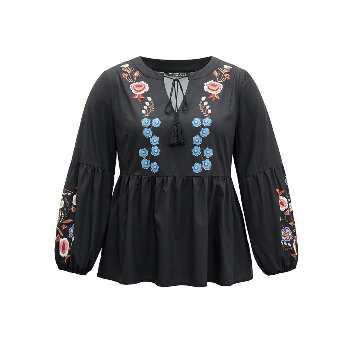Plus Size Black Floral Print Tassels Knot Neck Lantern Sleeve Blouse Women Resort Long Sleeve Tie Neck Vacation Blouses BloomChic 12/L Product Image