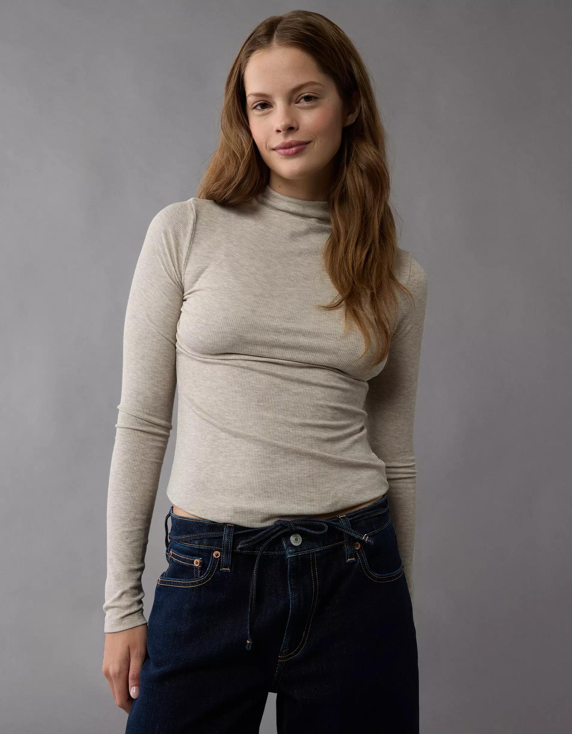 AE Soft & Sexy Long-Sleeve Mock Neck T-Shirt Product Image