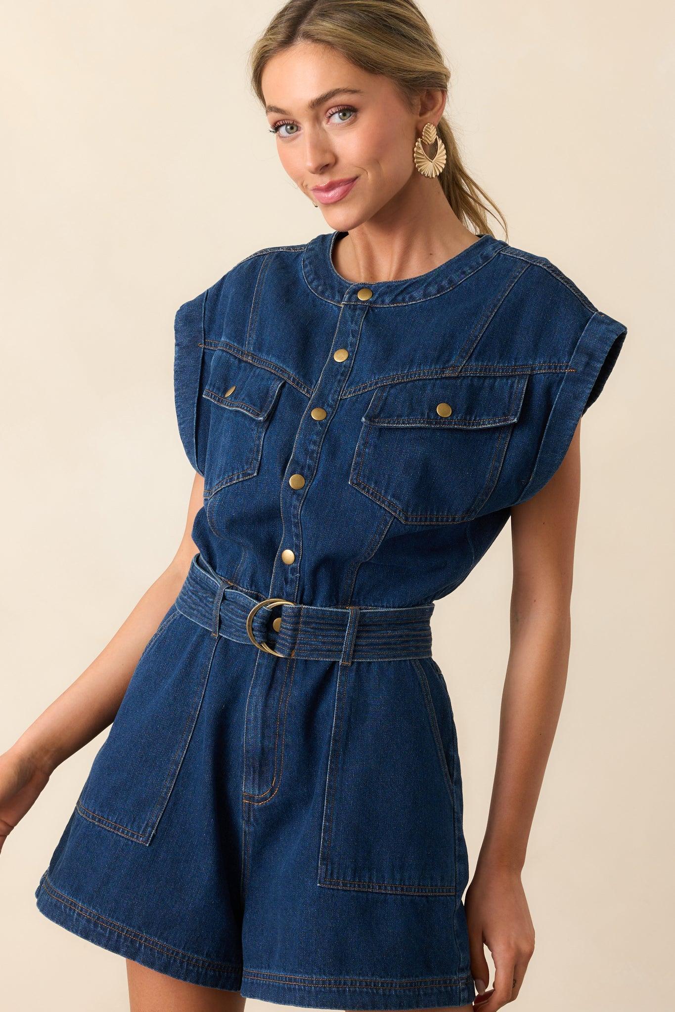 The Road Less Traveled Dark Wash Denim Romper Product Image