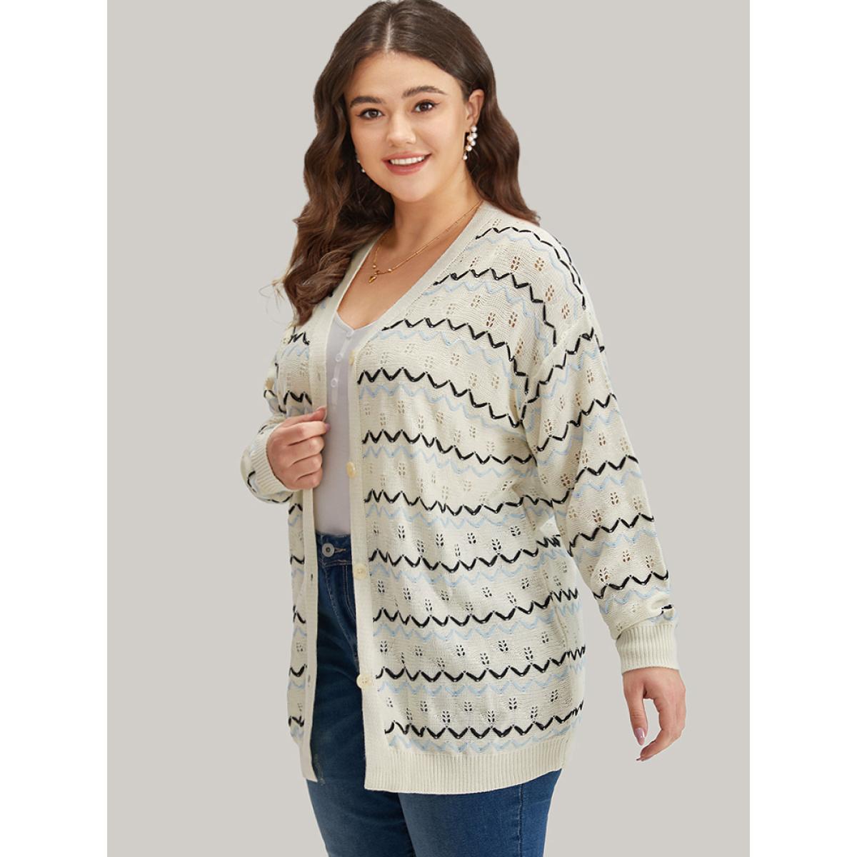 Plus Size UltraCool Wave Striped Eyelet Button Through Cardigan Beige Women Casual Loose Long Sleeve Everyday Cardigans BloomChic 26/4X Product Image