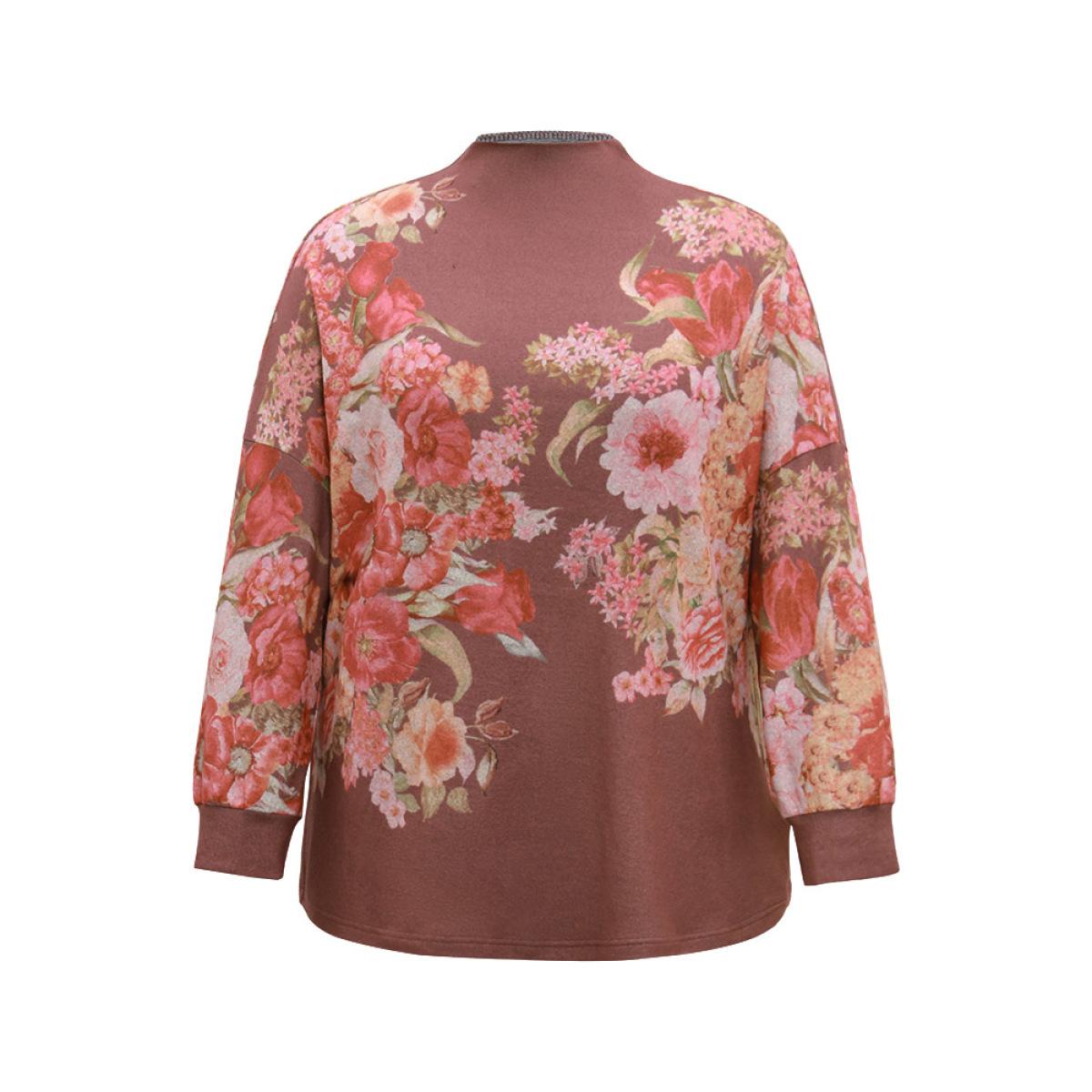 Plus Size Floral Print Mock Neck Elastic Cuffs Sweatshirt Women DarkBrown Elegant Printed Mock Neck Dailywear Sweatshirts BloomChic 18-20/2X Product Image