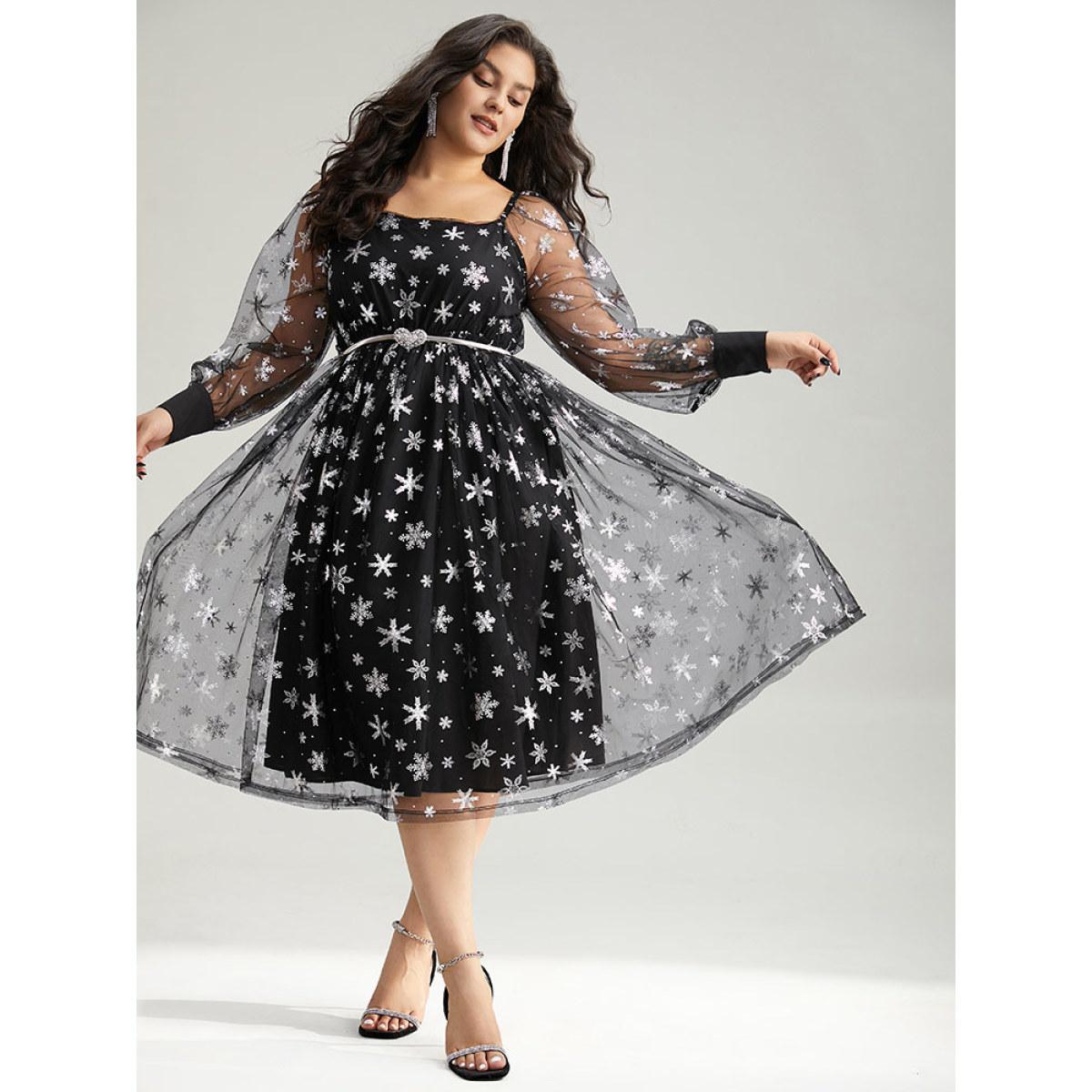 Plus Size Christmas Snowflake Glitter Mesh Square Neck Dress Black Women Party Gathered Square Neck Long Sleeve Curvy Midi Dress BloomChic 12/L Product Image