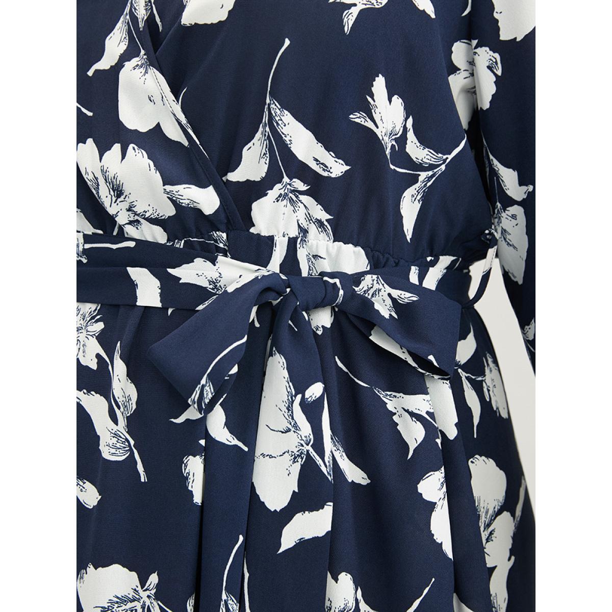 Plus Size Floral Pocket Surplice Neck Belted Midi Dress DarkBlue Women Casual Belted V-neck Long Sleeve Curvy Midi Dress BloomChic 30/6X Product Image