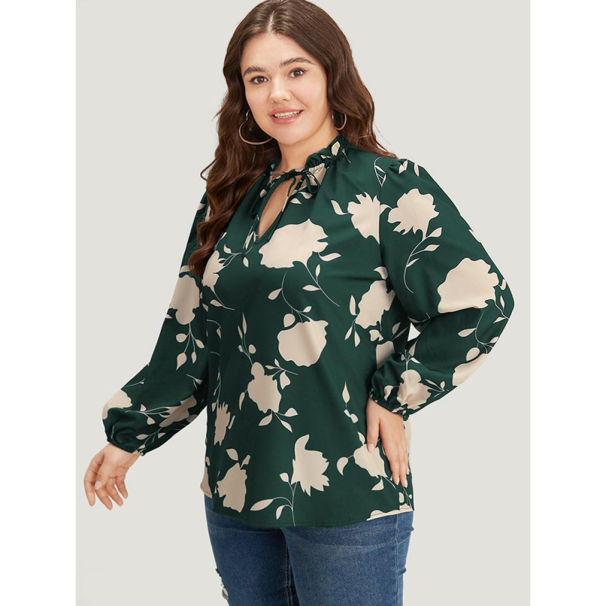 Plus Size DarkGreen Silhouette Floral Print Stand Collar Tie Neck Blouse Women Elegant Long Sleeve Tie Neck Dailywear Blouses BloomChic 26/4X Product Image