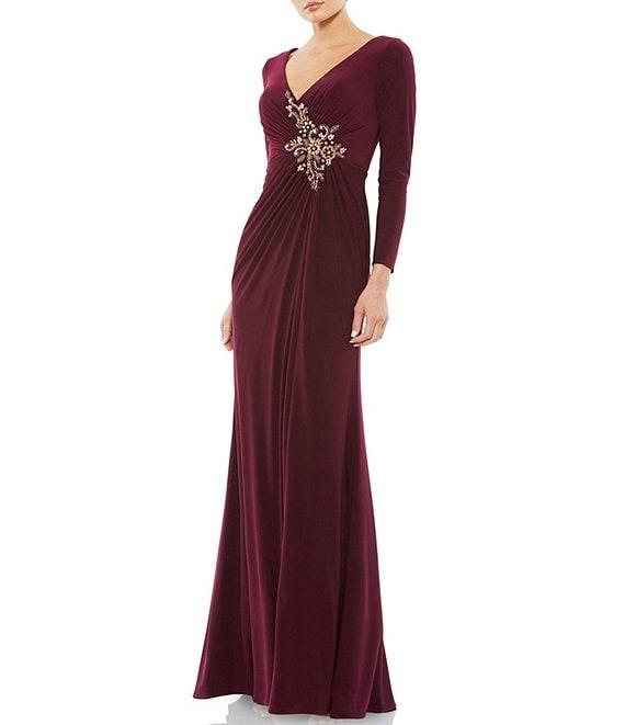 Mac Duggal Ruched Rhinestone Applique V-Neck Long Sleeve Gown Product Image