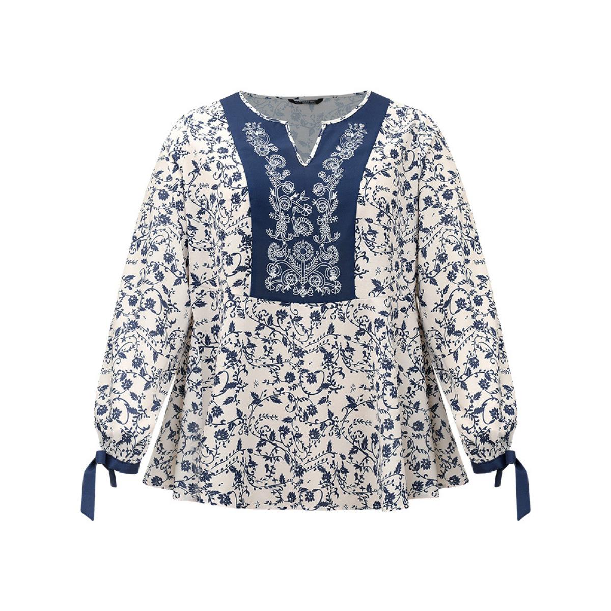 Plus Size Multicolor Boho Print Notched Knot Lantern Sleeve Blouse Women Vacation Long Sleeve Notched collar Dailywear Blouses BloomChic 30/6X Product Image