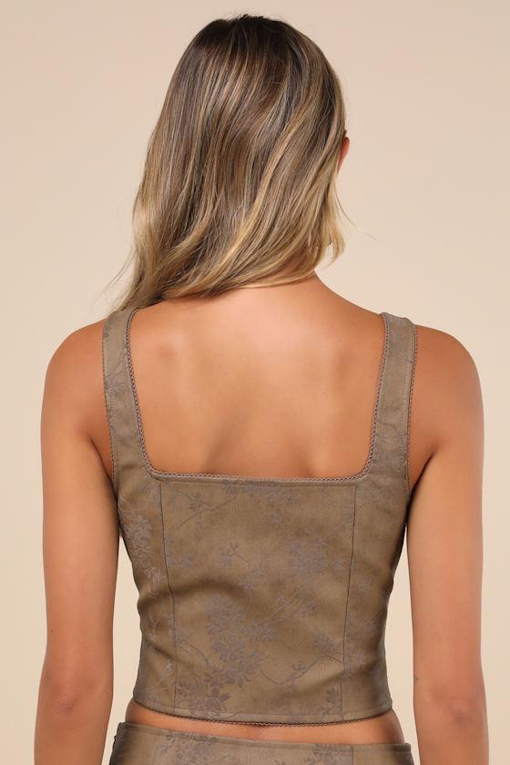Coveted Brown Floral Vegan Leather Bustier Crop Top Product Image