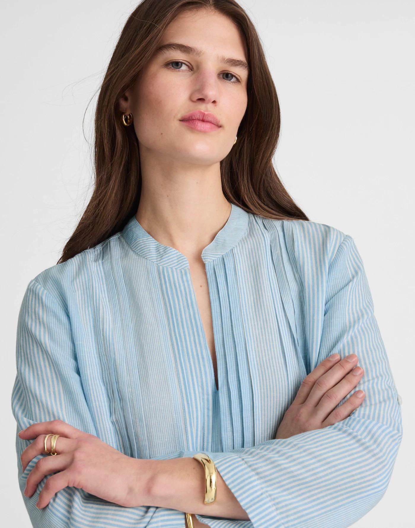 Pleated Splitneck Mini Shirtdress in Stripe Product Image