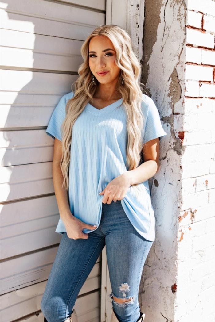 Plus Size Casual Thick Ribbed V Neck Top Product Image