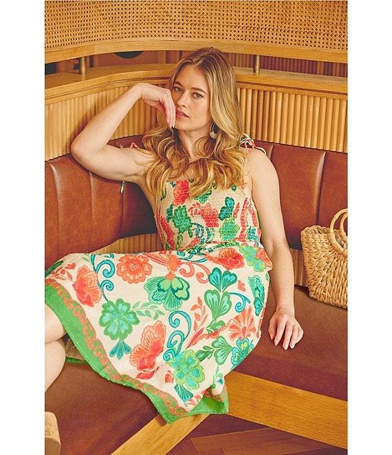 Adrianna by Adrianna Papell Smocked Floral Print Square Neck A-Line Knee Length Dress Product Image