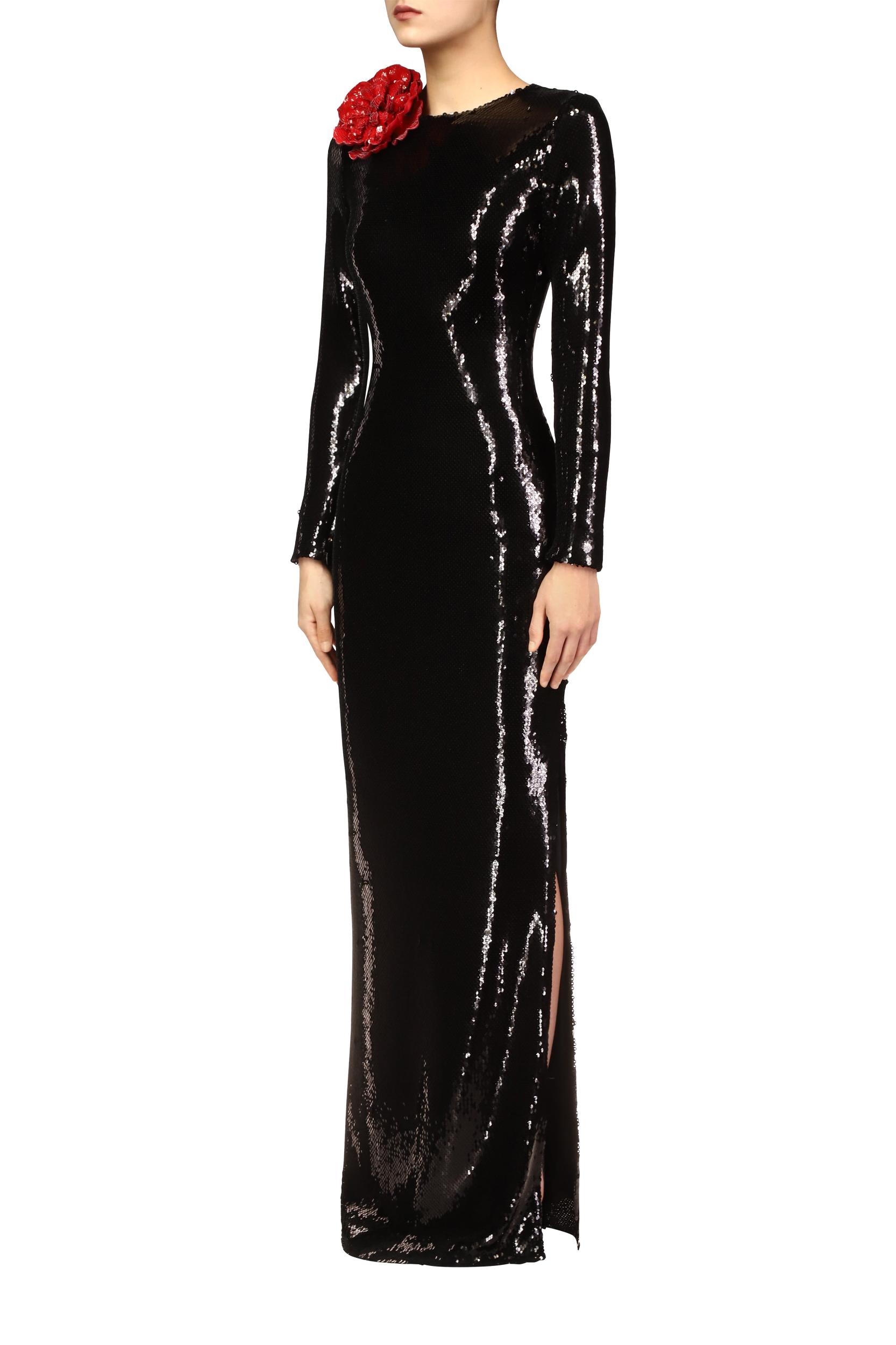 Black Sequin Gown With Red Flower Detail Product Image