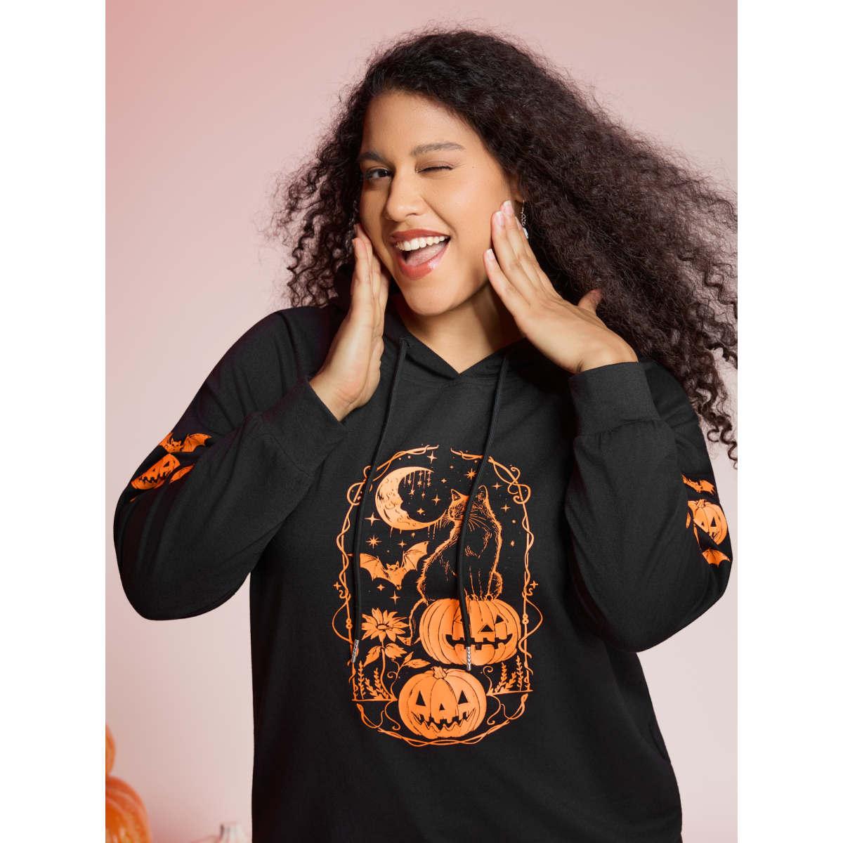 Plus Size Trick & Chic Graphic Sweatshirt Women Black Playful Drawstring Hooded Casual Sweatshirts BloomChic 30/6X Product Image