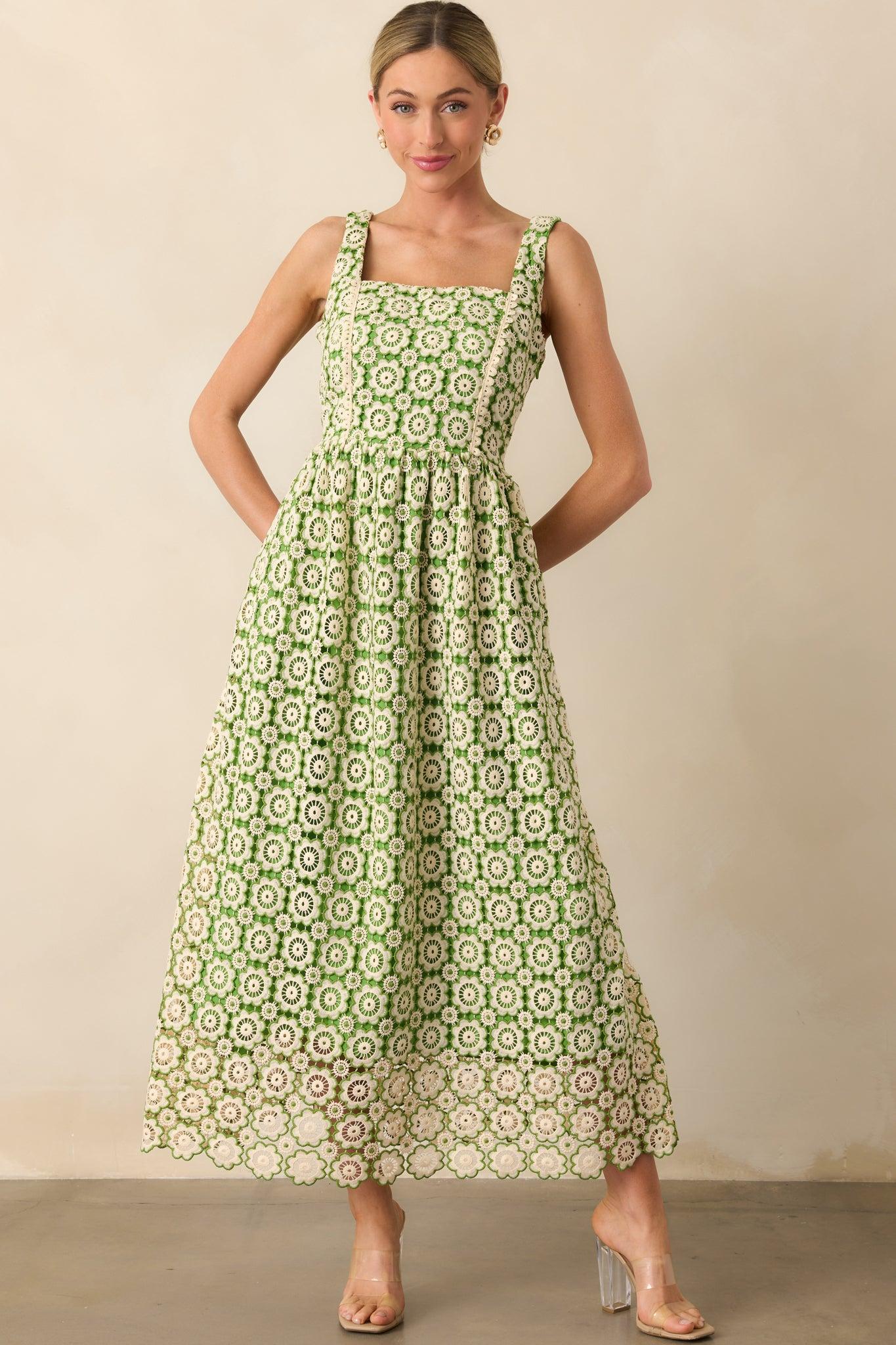 In The Meadow Green Floral Embroidered Midi Dress Product Image