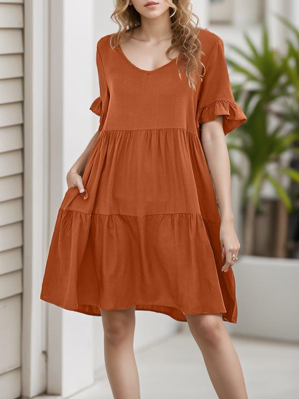 A-Line Flared Sleeves Pleated Pockets Ruffled Solid Color Split-Joint Round-Neck Mini Dresses Product Image