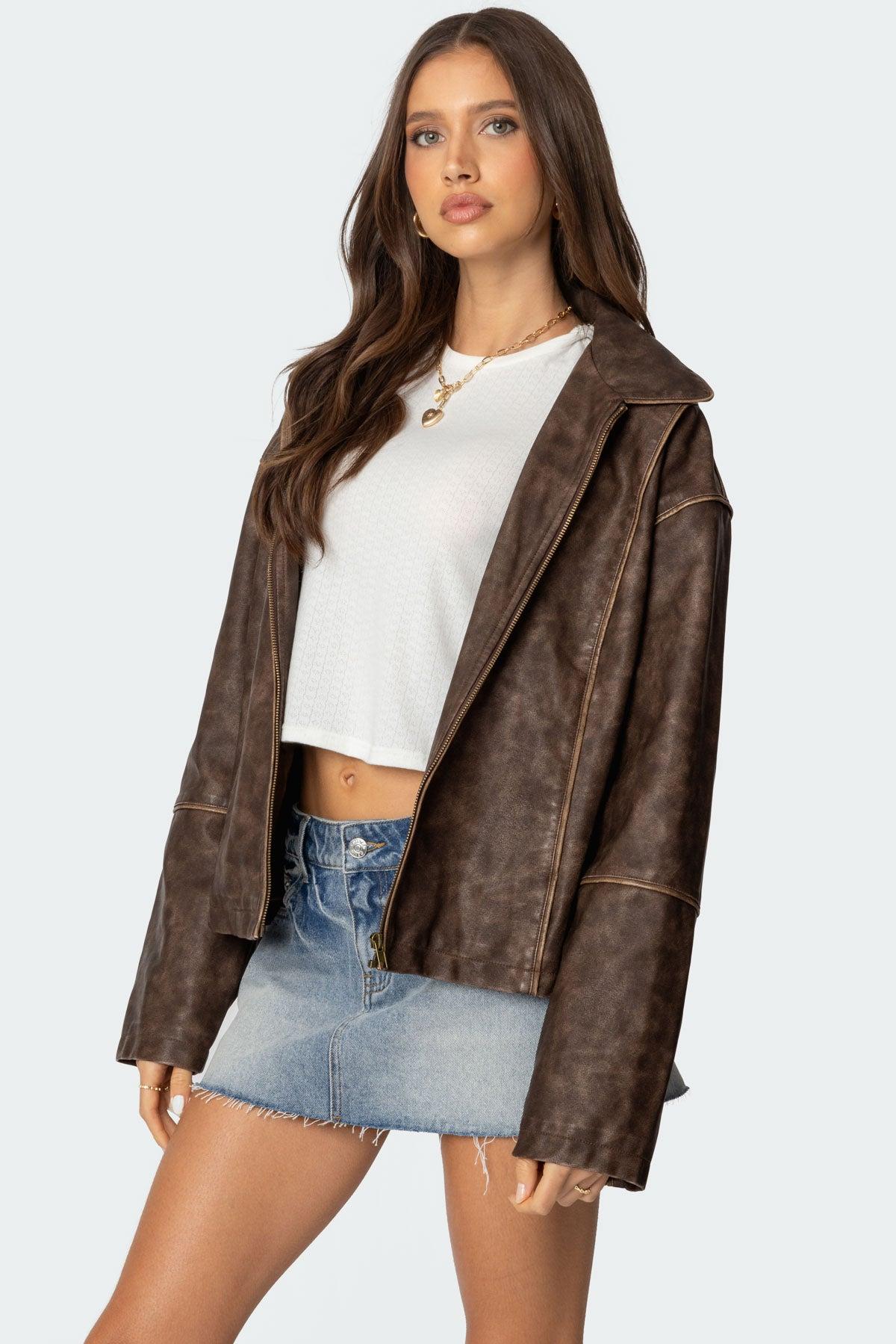 Oversized Washed Faux Leather Jacket Product Image