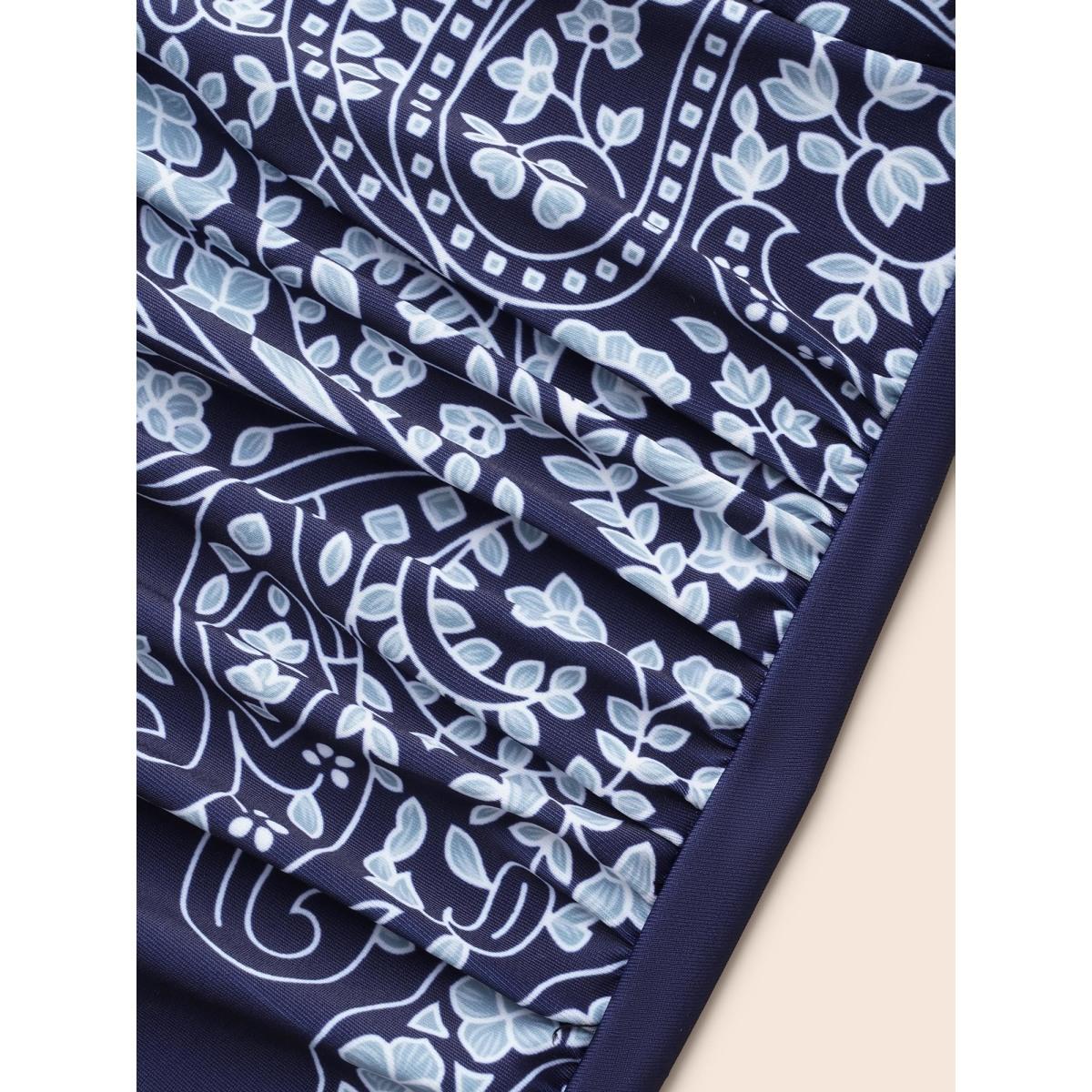 Plus Size Surplice Neck Boho Ruched One-Piece Swimsuit Women's Swimwear Indigo Resort Gathered Curve Bathing Suits High stretch One Pieces BloomChic 12/L Product Image