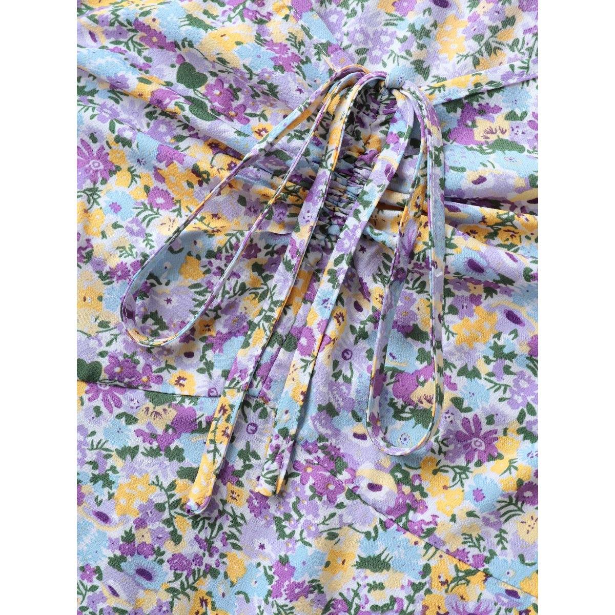 Plus Size Ditsy Floral Print Neck Tie Midi Dress Lilac Women Timeless Heart neckline Cap Sleeve Curvy BloomChic 26/4X Product Image