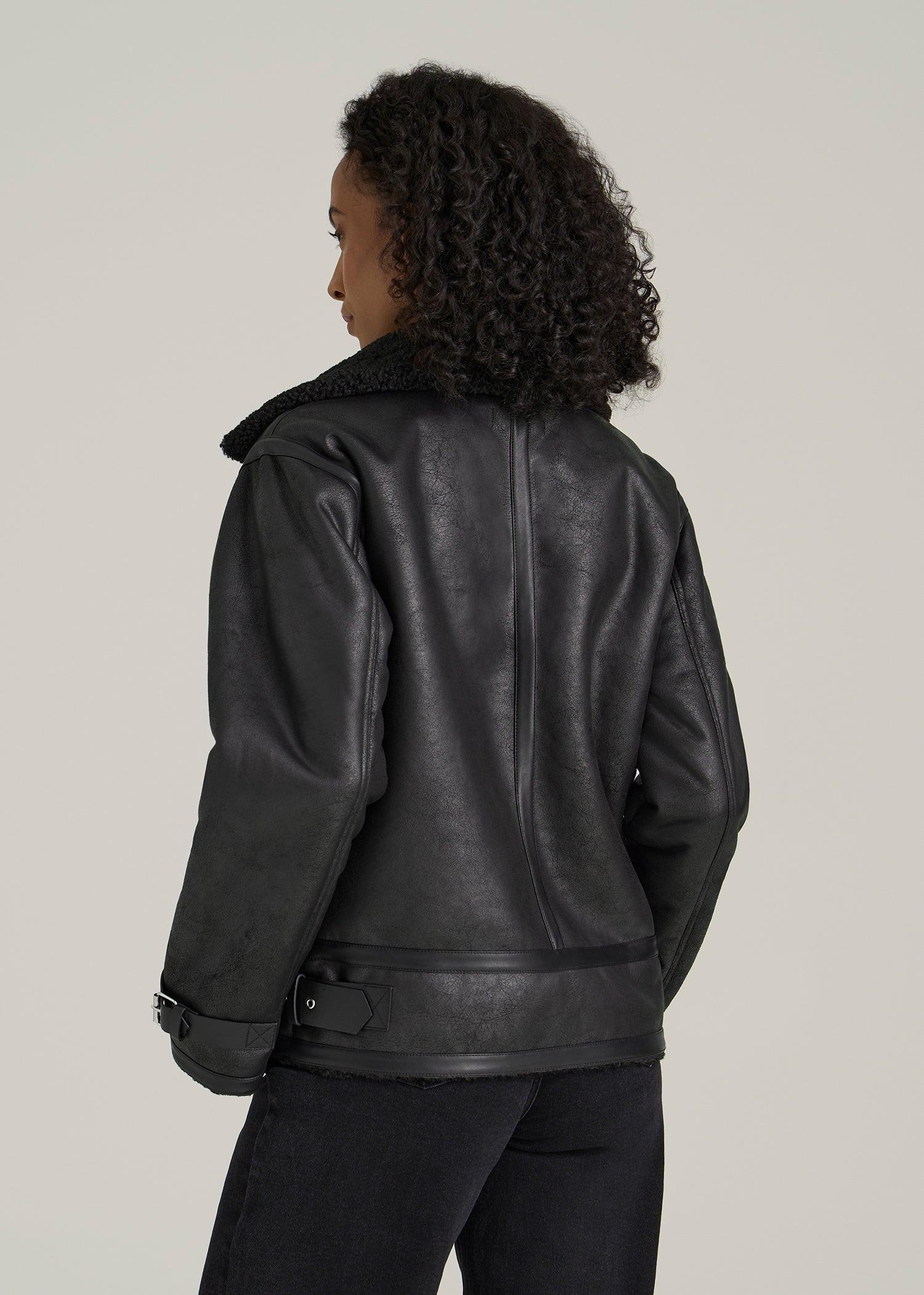 Shearling Moto Jacket for Tall Women in Black Female Product Image