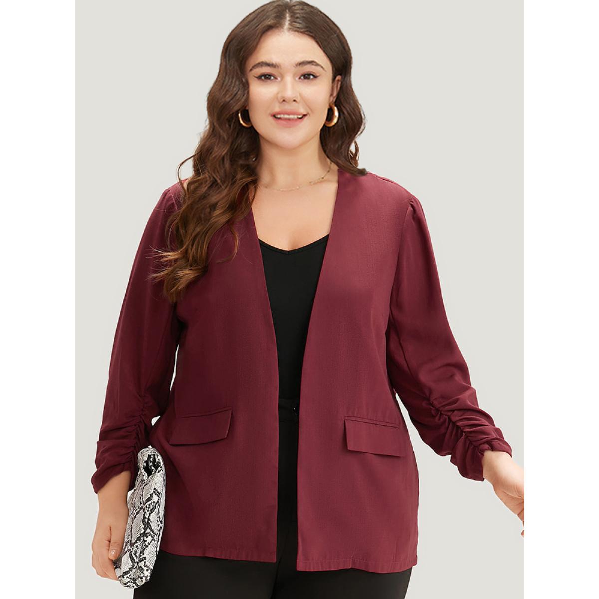 Plus Size Plain Pocket Open Front Gathered Blazer Scarlet Women Office Plain Elastic cuffs Sleeve Long Sleeve Open Front 28/5X Pocket Office Blazers BloomChic Product Image