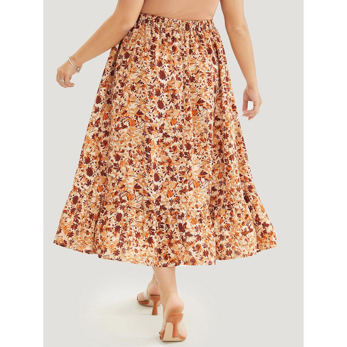 Plus Size Plant Print Pocket Elastic Waist Ruffle Hem Skirt Women Rust Elegant No stretch Pocket Dailywear Skirts BloomChic 22-24/3X Product Image