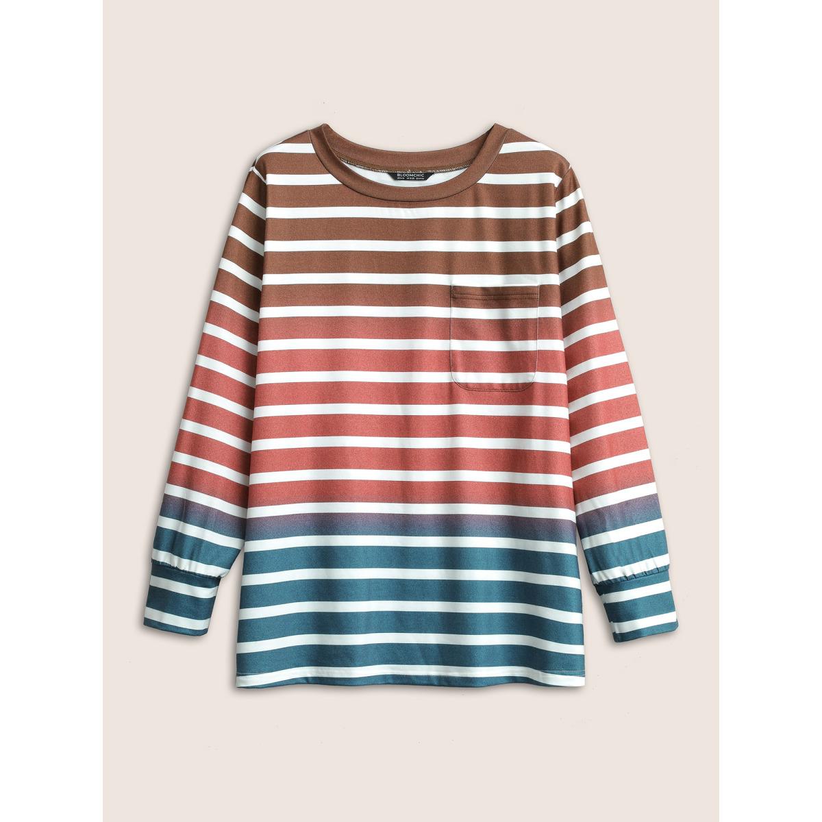 Plus Size Ombre Contrast Striped Patched Pocket Sweatshirt Women Multicolor Casual Non Round Neck Everyday Sweatshirts BloomChic 10/M Product Image