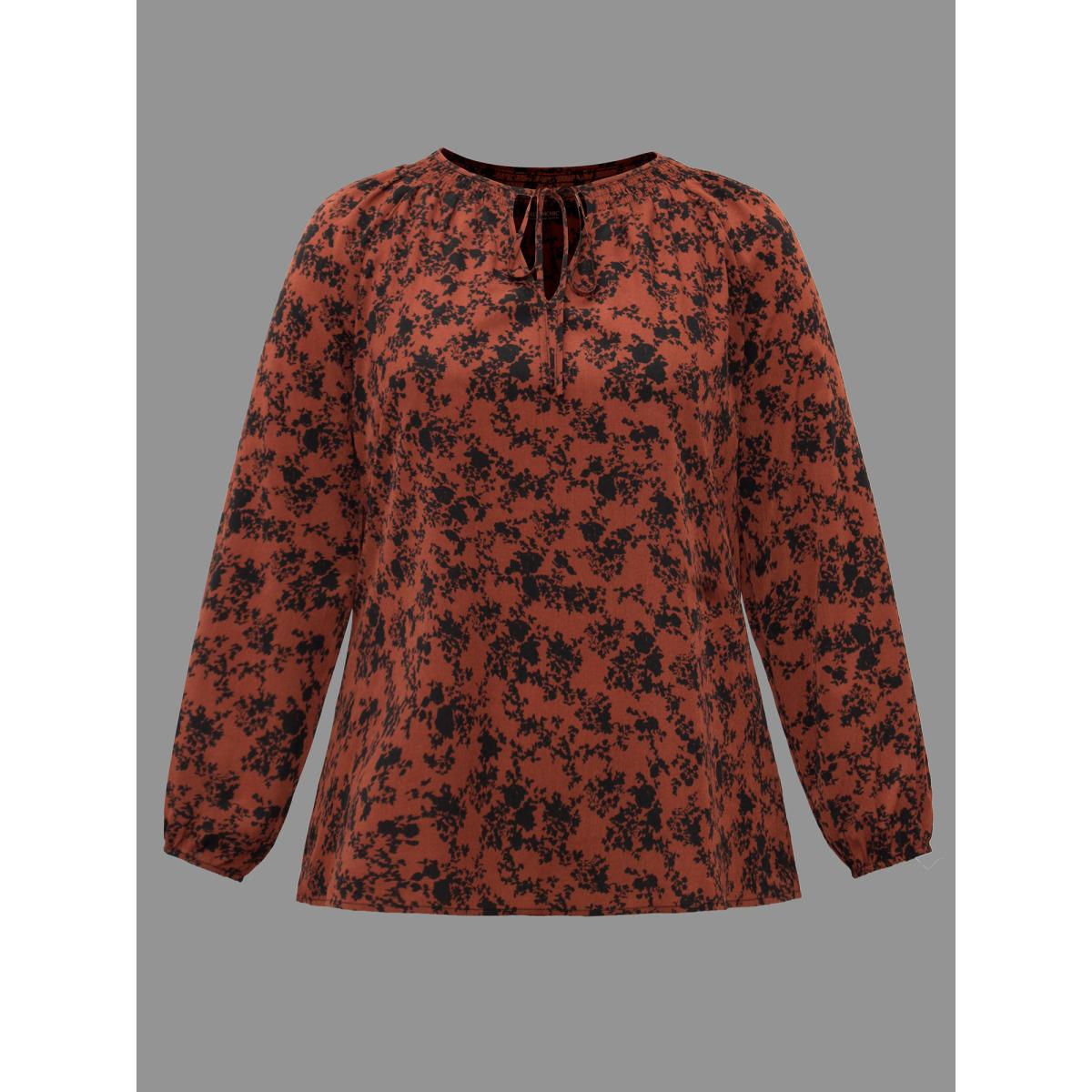 Plus Size Russet Silhouette Floral Print Shirred Gathered Blouse Women Elegant Long Sleeve Wrap collar Everyday Blouses BloomChic 28/5X Product Image