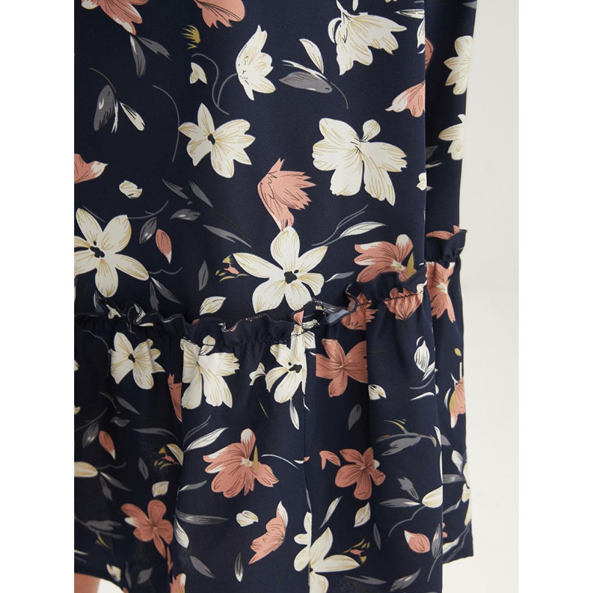 Plus Size Floral Printed Lantern Sleeve Pocket Belted Surplice Neck Dress DarkBlue Women Elegant Pocket V-neck Long Sleeve Curvy Midi Dress BloomChic 30/6X Product Image