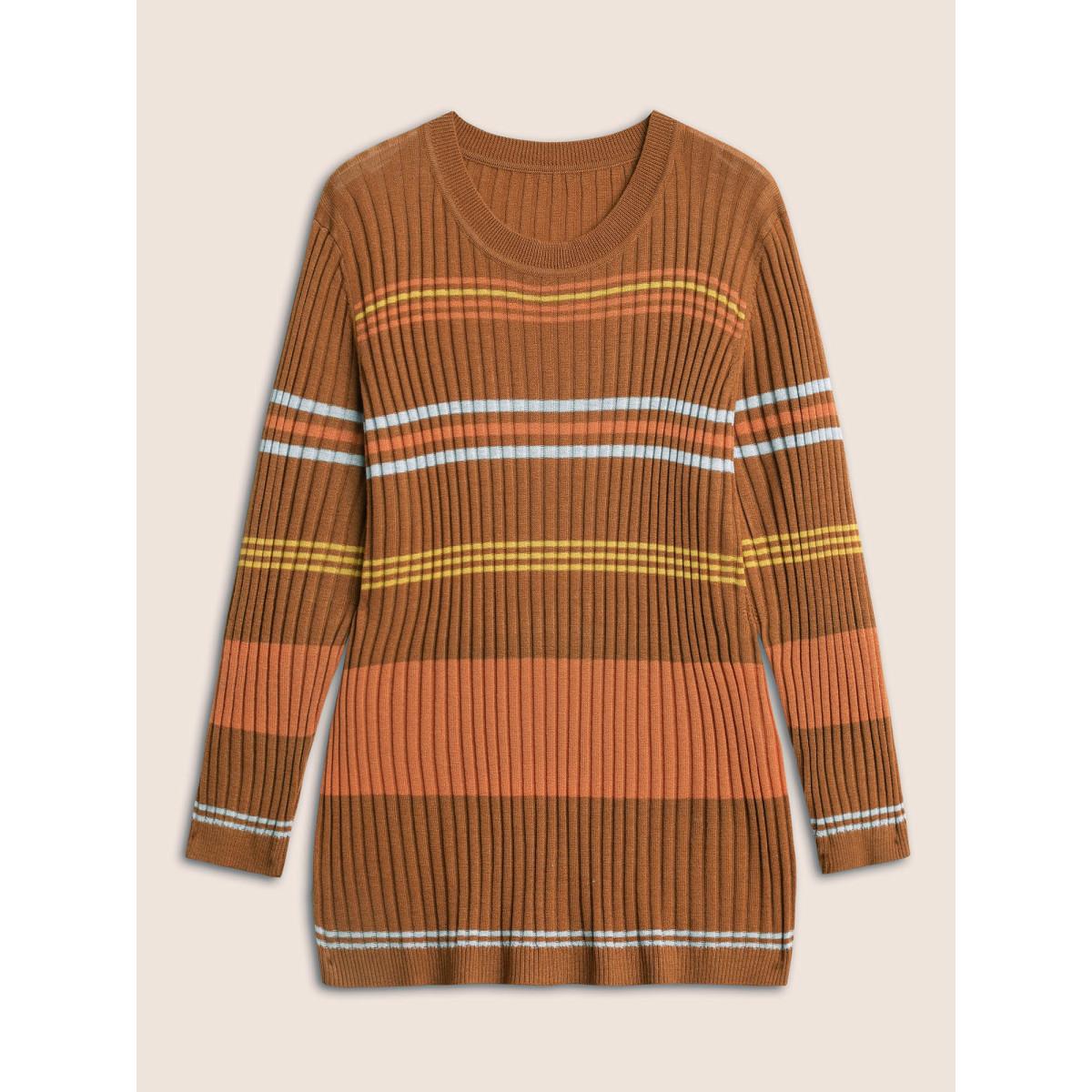 Plus Size Supersoft Essentials Contrast Striped Pullover Rust Women Casual Long Sleeve Round Neck Everyday Pullovers BloomChic 26/4X Product Image