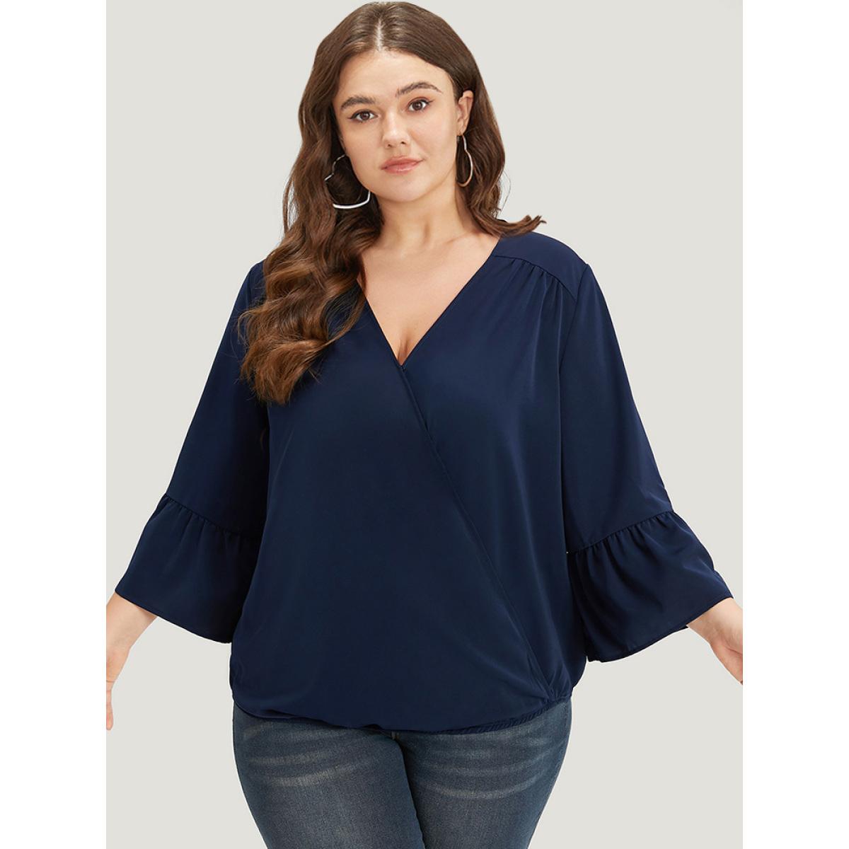 Plus Size Indigo Anti-Wrinkle Plain Surplice Neck Bell Sleeve Blouse Women Office Elbow-length sleeve V-neck Office Blouses BloomChic 28/5X Product Image