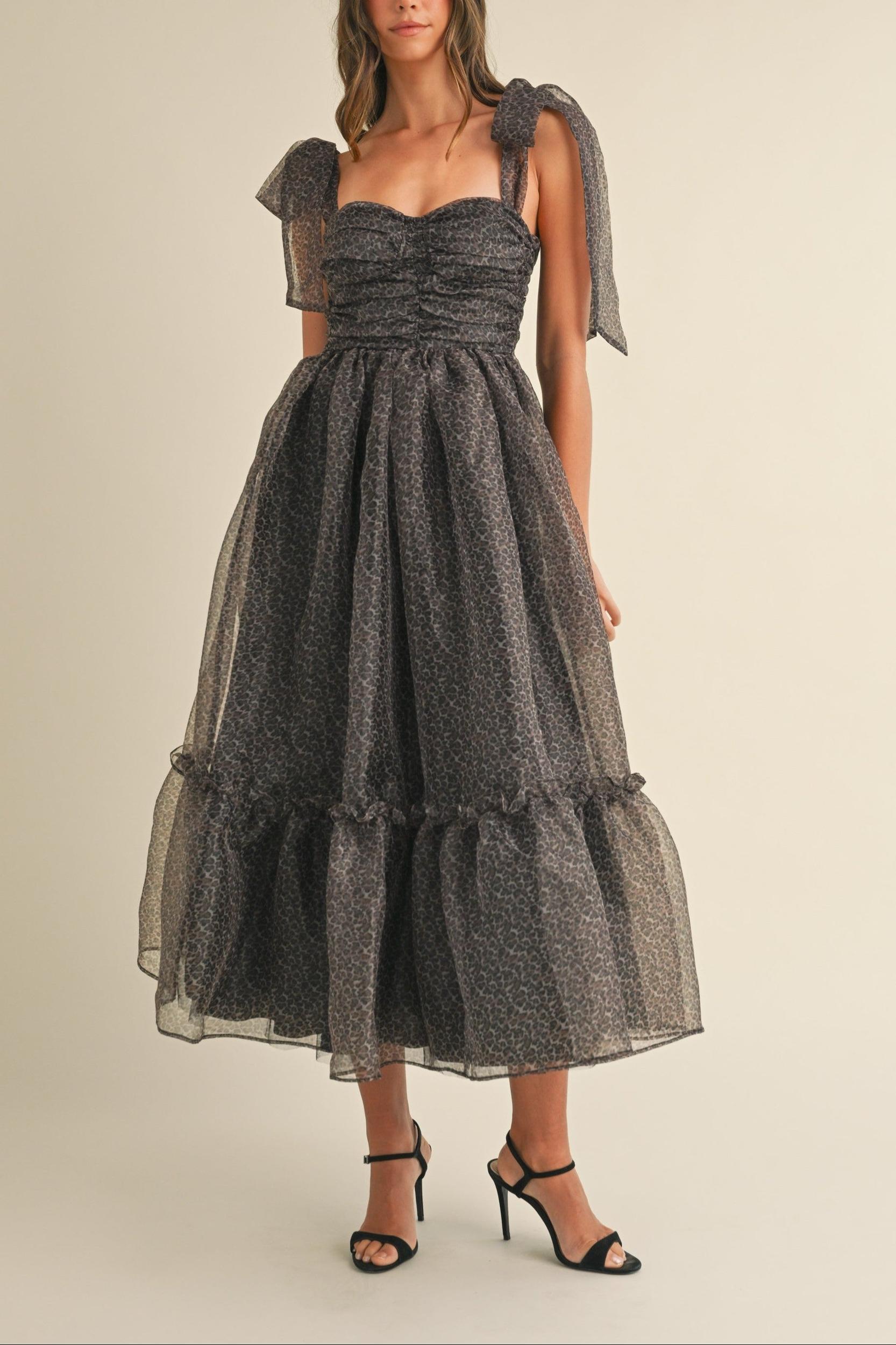 Leopard Print Tie Shoulder Organza Maxi Dress Product Image