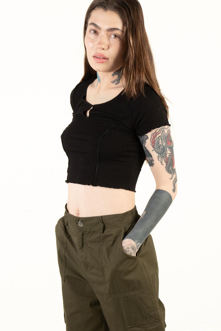 Black Seamed Keyhole Crop Top Product Image