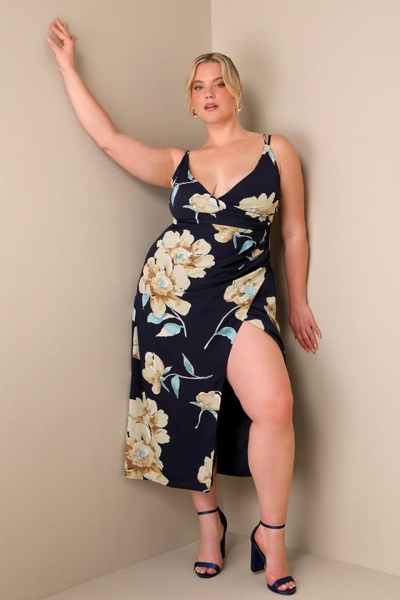 Draw You Close Navy Blue Floral Sleeveless Surplice Midi Dress Product Image