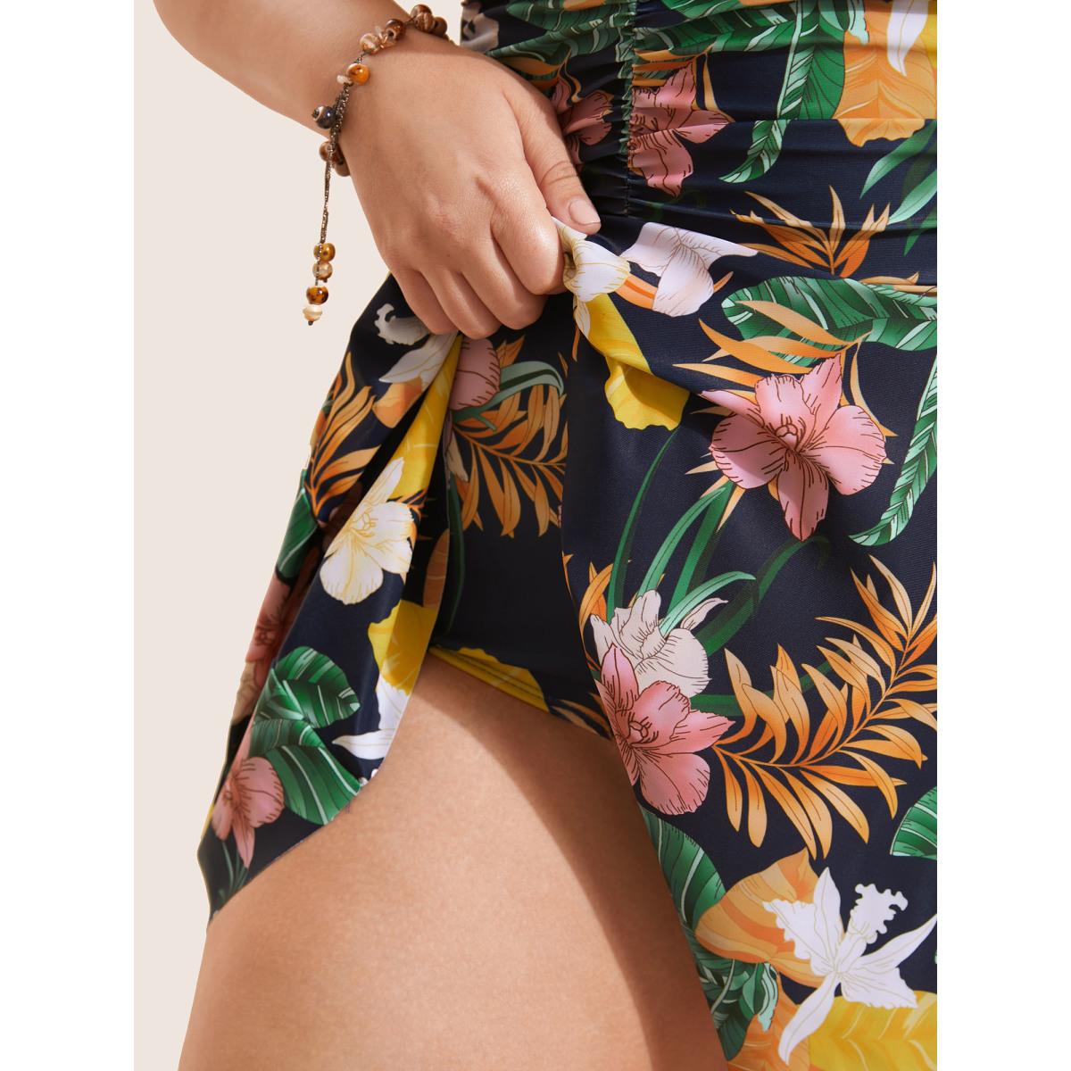 Plus Size Tropical Adjustable Straps Ruched Swim Dress Women's Swimwear Multicolor Beach Bodycon Overlap Collar High stretch Curve Swim Dresses BloomChic 28/5X Product Image