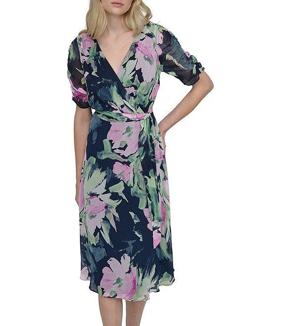 DKNY by Donna Karan Floral Surplice V-Neck Short Sleeve Faux Wrap Midi Dress Product Image