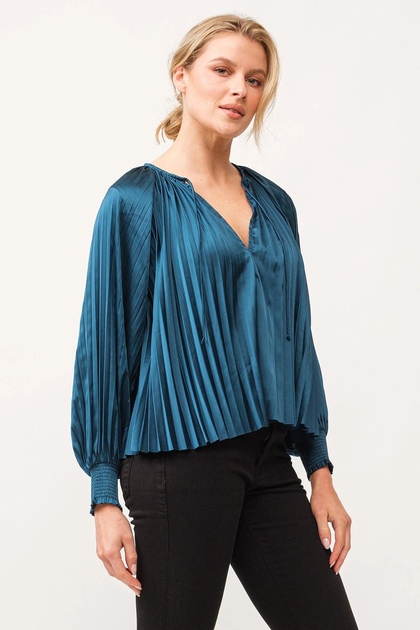 Deletta Pleated Satin Ruched Cuff Top Product Image